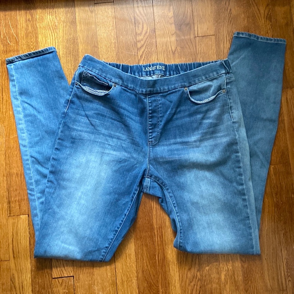 Lands' End Washed Distress Blue Denim Mid-Rise Pull On Skinny Jeans Size 16 Long